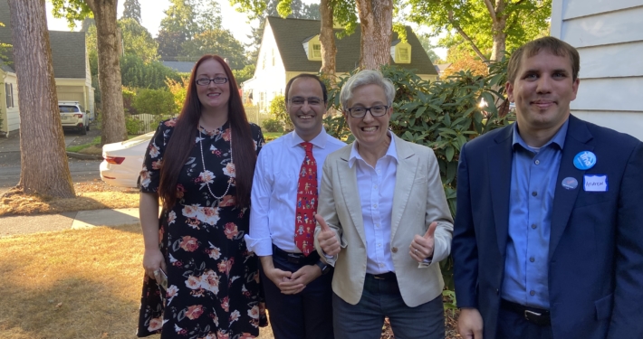 Tina Kotek with Sami Al-Abdrabbuh, County Commissioner Nancy Wyse, and City councilor Andrew Struthers